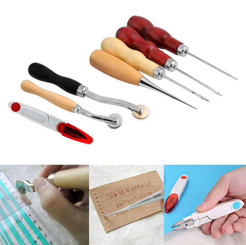7 Pcs Leather Tools DIY Hand Stitching Kit Waxed Thread Cords, Stitching  Awl, Thread Unpicker, Sewing Thimble, Scissors. 
