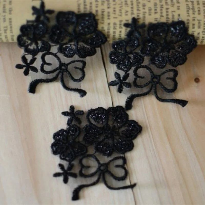

2Pcs Embroidered Lace Applique Motif Black Appliqued Wedding Dress Sew On Lace Patches DIY Material Making For Accessories