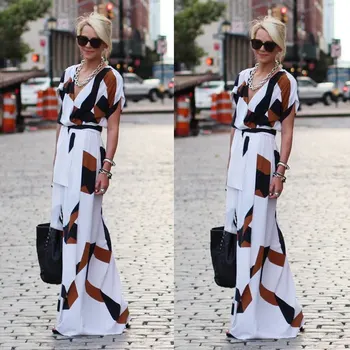 

Fashion Casual Summer Dress Newly 3 Style Women Deep V-Neck Slim Geometric Print Sashes Ankle-Length Dress