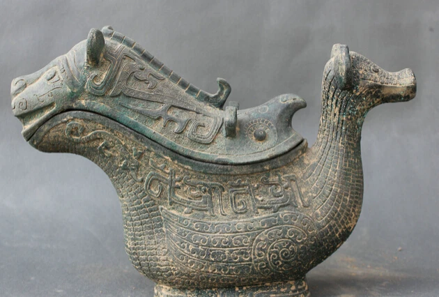 JP S0524 14&quot Famous Chinese Dynasty Palace Bronze Archaic Two Beast Head Statue Zun | Дом и сад