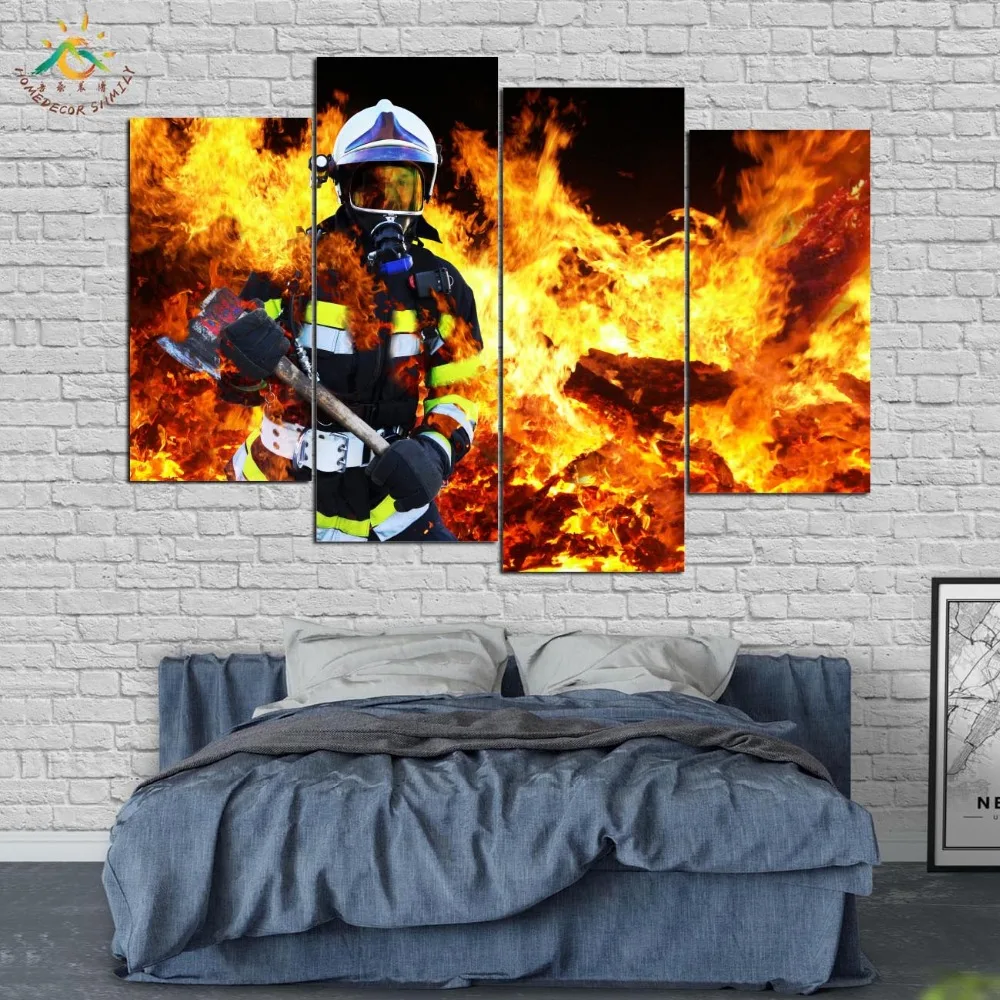 Настенная живопись на холсте пожарный в огне плакаты и принты декоративная картина украшение дома для гостиной 4 шт