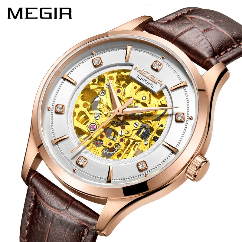 MEGIR новые автоматические механические часы лучший бренд класса люкс сапфировое стекло Скелет Мужские часы кожа золотой дизайн наручные часы