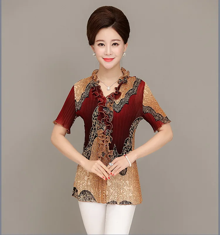 Для женщин среднего возраста летний топ шифоновая блузка рубашка с коротким рукавом со складками принтованной горловиной размера плюс свободная модная блузка для женщин R205