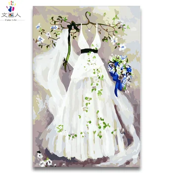 

Coloring painting by numbers White wedding dress oil painting package diy digital canvas paint by the number with kits package