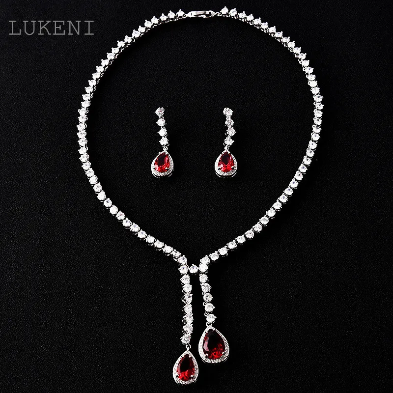 

LUKENI Luxurious Micro Inlay AAA Zircon Geometric water drop Earrings And Chain Necklaces Wedding Jewelry Multicolor optional