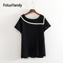 Skew Collar Casual T-shirt Black White Plus Size Tops Loose Short Sleeve Women Knitted Summer Tops KKFY3572