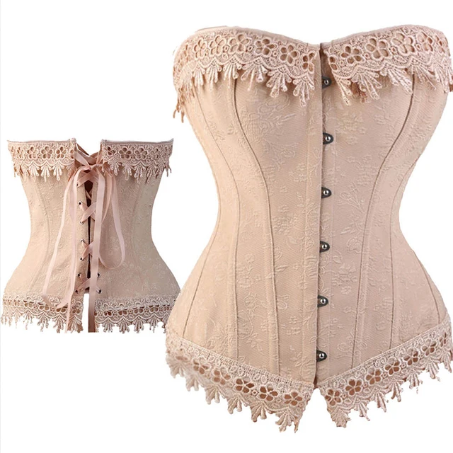 Sexy Lace Up Boned Burlesque Corset Tops cream Lace Trim Corset Busiter
