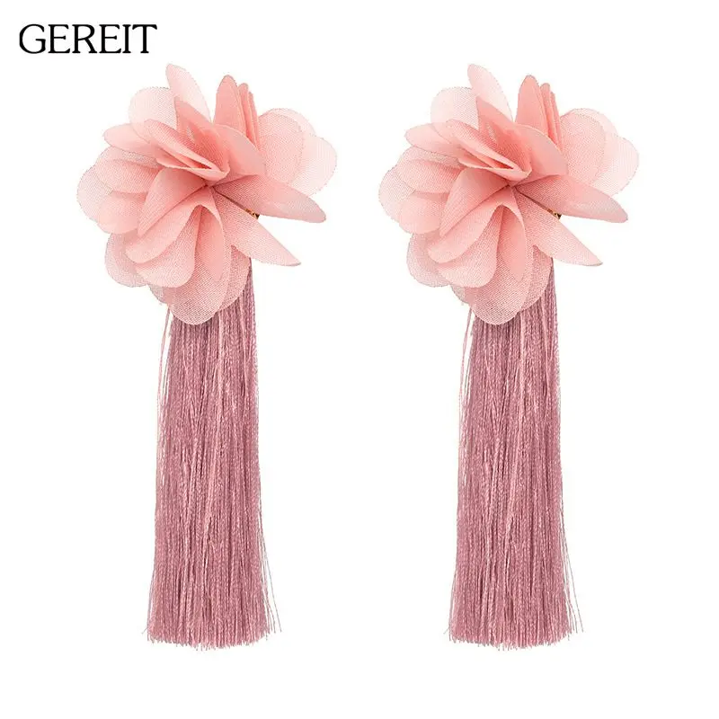 

Ethnic Flower Fabric Earrings Bohemian Multi Color Long Tassel Silk Fringe Drop Earrings For Women Indian Summer Jewelry Brincos