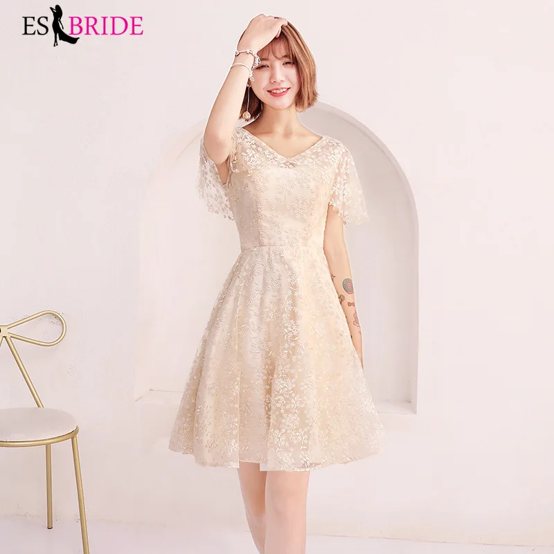 New Arrival Elegant Prom Dresses Little Khaki V-neck Evening Dresses Tulle Short Sleeve Sexy Long Party Gowns for Women ES1148