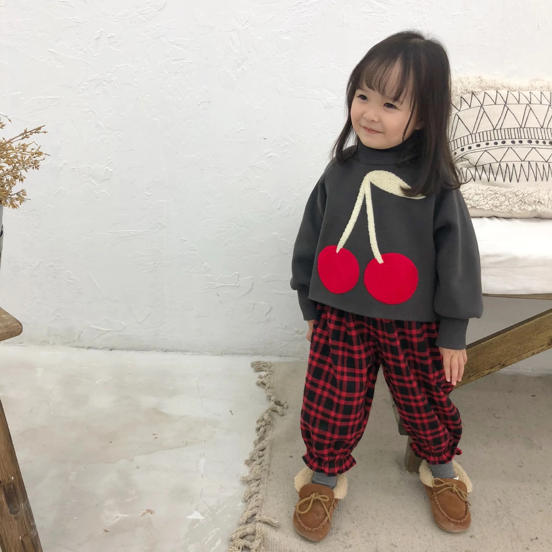 Children's Warm Turtleneck Pullover Hoodies Cherry Embroidery Coat for Baby Girls Winter Thicken Cartoon Tee Sweatshirts Clothes