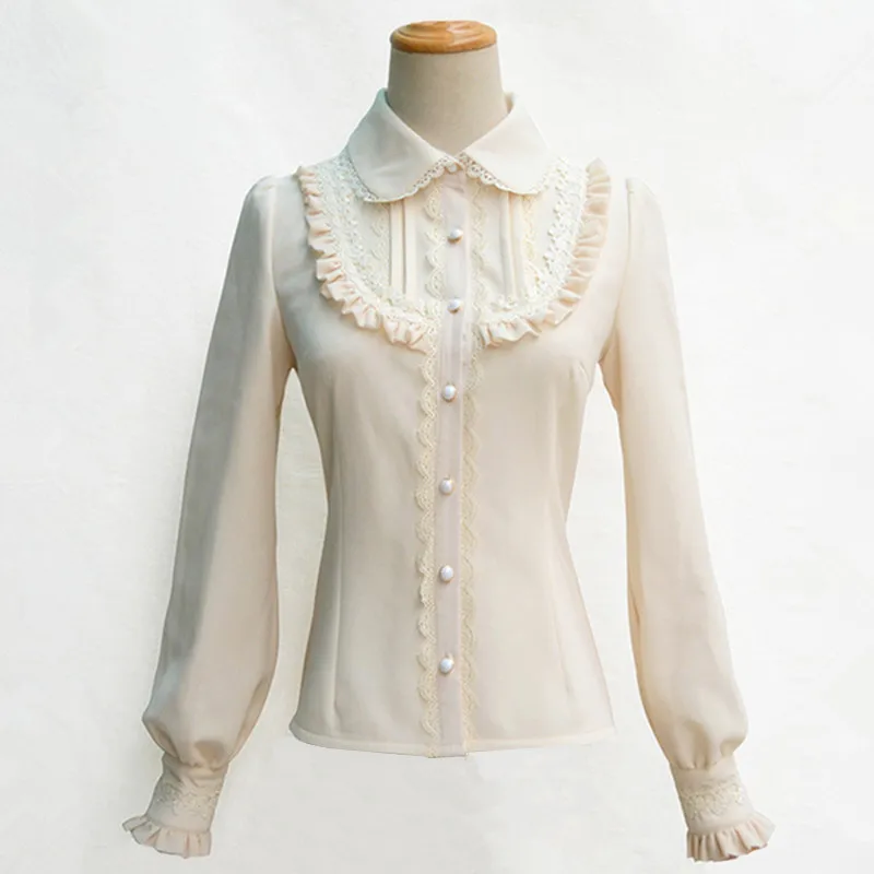 Online 5 colores Invierno Polar forrado manga linterna Color sólido acordeón Lolita camisa lazo encaje Agaric hem mujeres Vintage Royal blusas