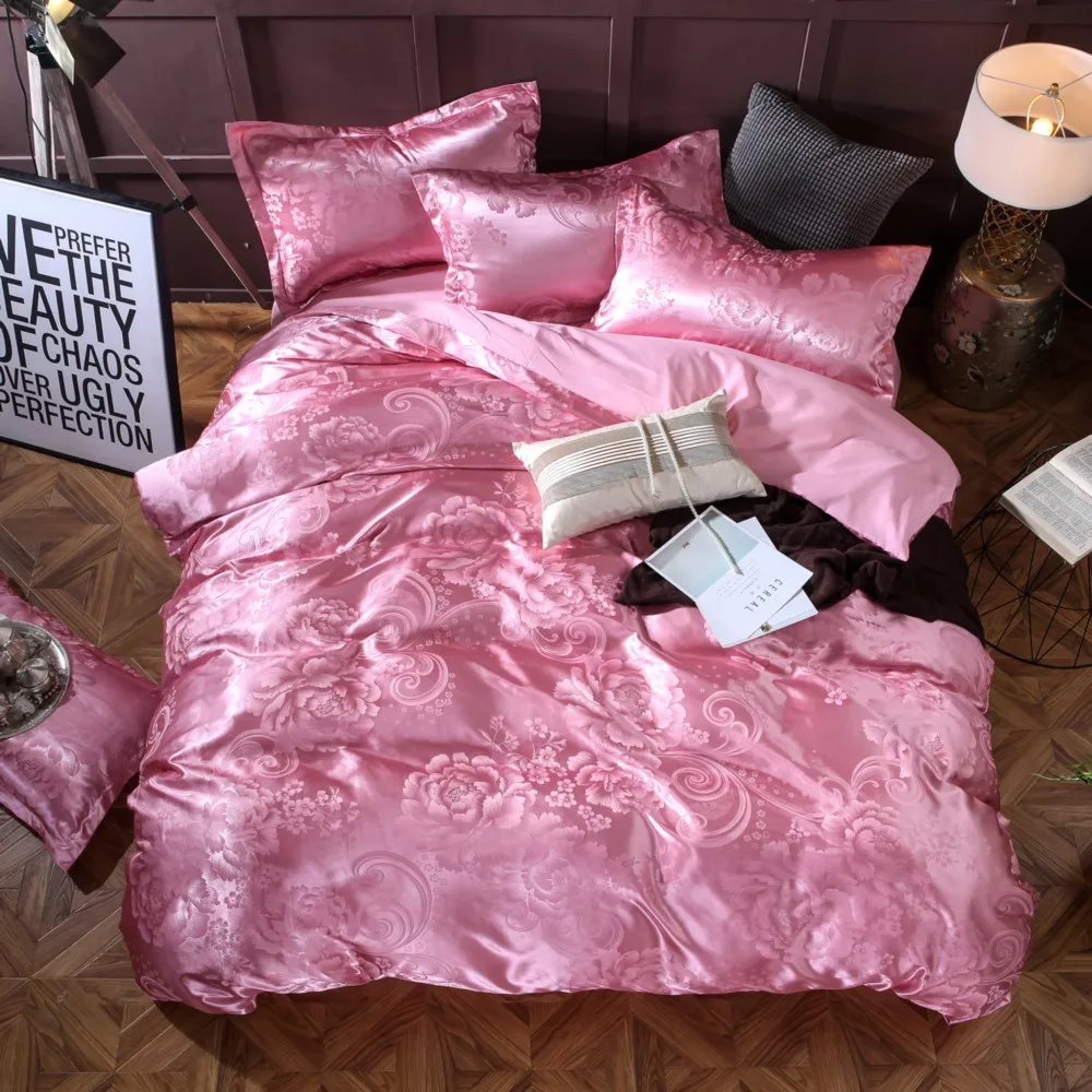 

KELUO Wedding Luxury Bedding Sets Jacquard Queen/King Size Duvet Cover Set wedding Bedclothes Bed Linen bed sheet Pink