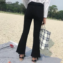 Джинсы Женские однотонные обтягивающие с высокой талией на молнии, расклешенные брюки длиной до щиколотки, женские мягкие повседневные брюки в Корейском стиле высокого качества, Новинка