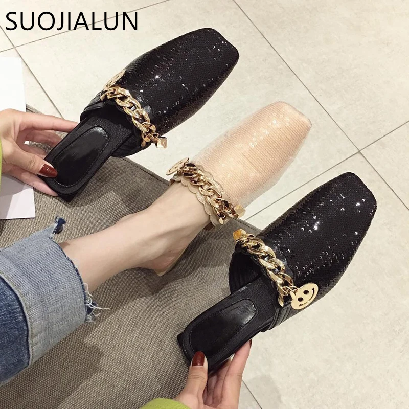 

SUOJIALUN 2019 Spring Women Mules Fashion Bling Sequin Slipper Slip On Ladies Dress Shoes Luxury Slippers Designer Shoes