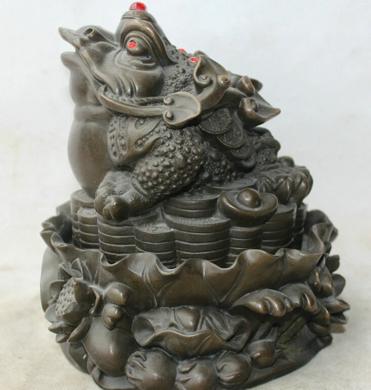 

gem S5843 8" China Bronze FengShui Wealth lotus flowe Golden Toad Statue sculpture D0318