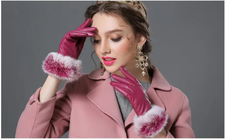 VISNXGI 2018 Новая Женская мода Леди Черный PU кожаные перчатки осень-зима теплый мех кролика женские перчатки guanti Invernali Donna