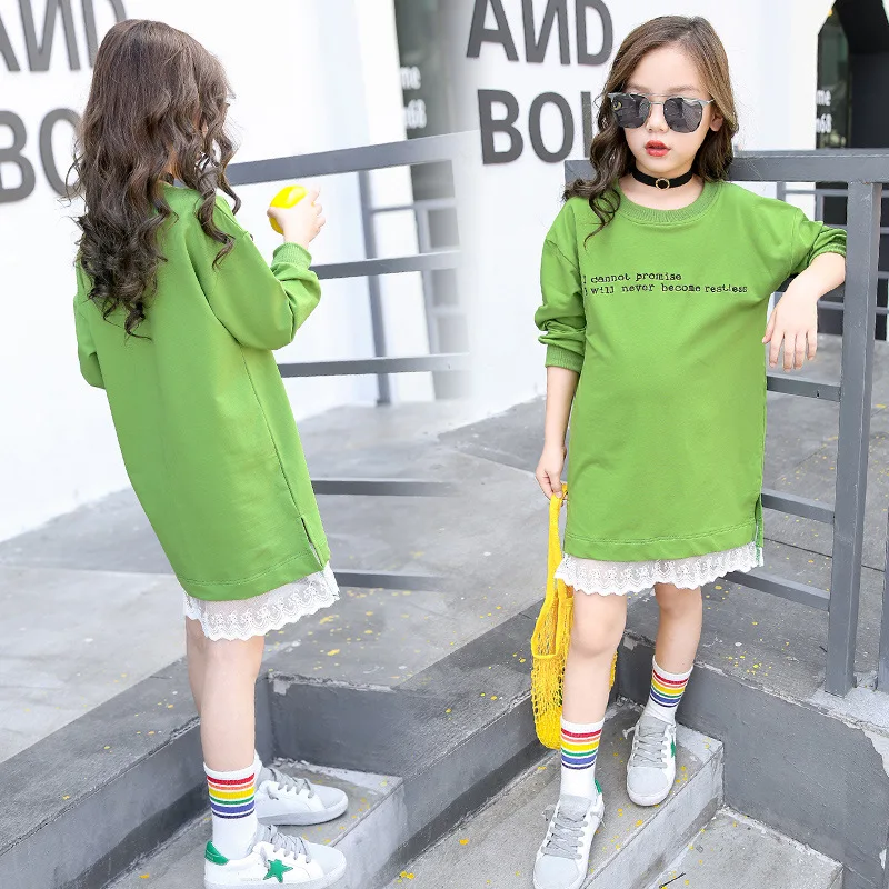 Cena Nastoletnich dla dziewczyn, z kapturem sukienka z długim rękawem dziewczyny sukienka z koronką 2019 wiosna nowych dzieci dziewczyny swobodne sukienki dziewczyny T shirt sukienka jesień