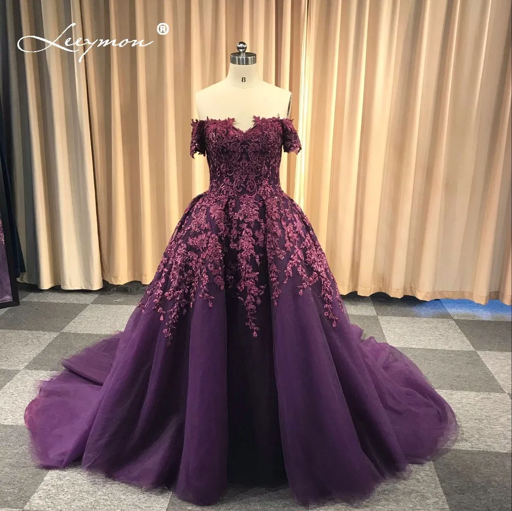 Leeymon Elegant Lace Off Shoulder Prom Dress Red