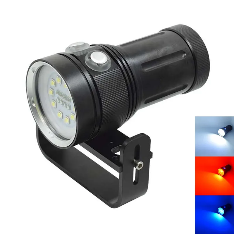 

Powerful 30000LM Led Diving Flashlight 10x XML L2 White+4x Red+4x UV/Blue Light Underwater Video Photography Waterproof Torch