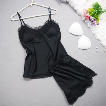 

Bigsweety 2 Pieces Sets Pajamas Sets For Women Summer Deep V-neck Sexy Spaghetti Strap Shorts Sleepwear Silk Homewear