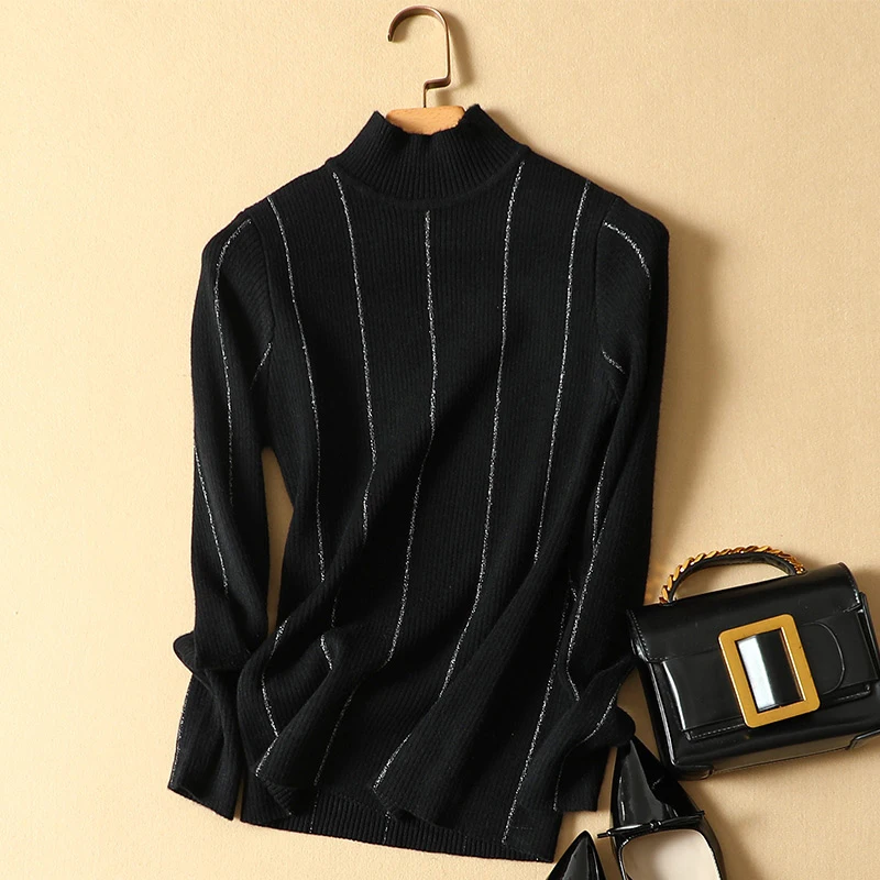 

turtleneck knitted women striped sweaters and pullovers 2019 autumn winter new lady elegant slim pull outwear coat tops