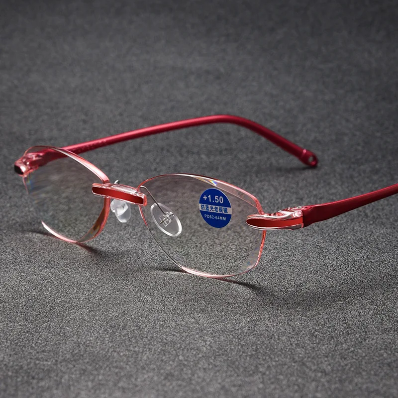 

High Clear Anti Blue Rhinestone Reading Glasses Women Red purple Eyeglasses Diamond Cutting Rimless Presbyopic Eyewear+1 +1.5 +2
