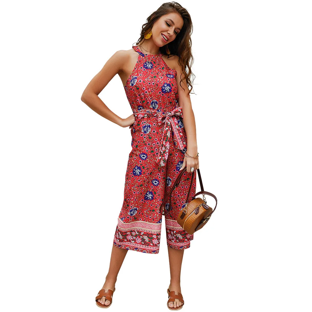 Elegant Sexy Jumpsuits Women Sleeveless Polka flower print Loose Trousers Wide Leg Pants Rompers Holiday Backless Overalls
