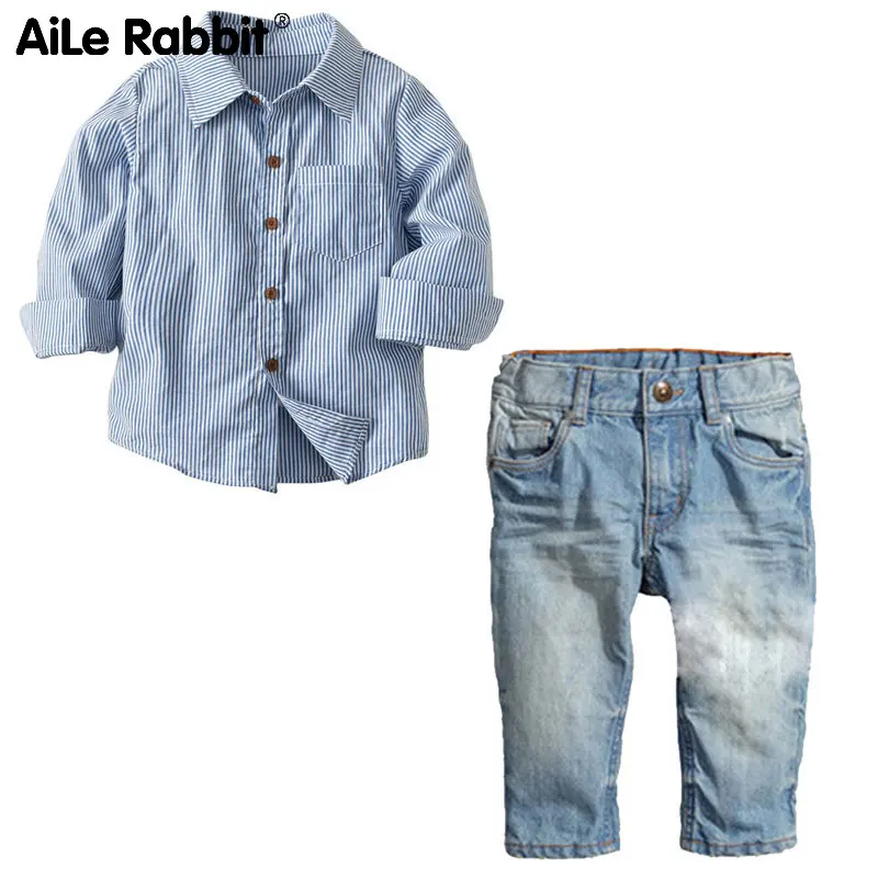

AiLe Rabbit and the model of cross-border children European and American boy stripe long sleeve shirt + denim pants suit or two