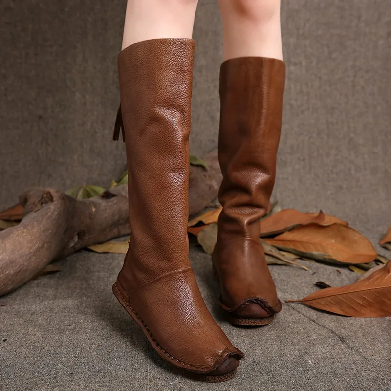 2016 Vintage Style Women Boots Knee High Genuine Leather Back Zip Handmade Shoes High Boots
