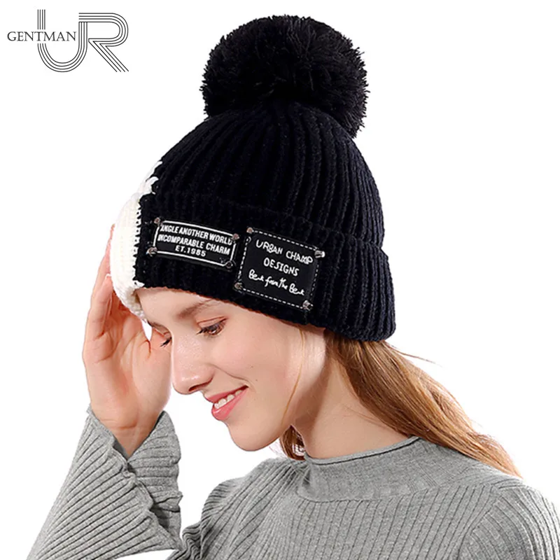 

New Warm Winter Hat Female Fashion Skullies Beanies Thick Fur Knitted Hat For Woman Lady Pompom Hats Two-tone Design Bonnet Cap