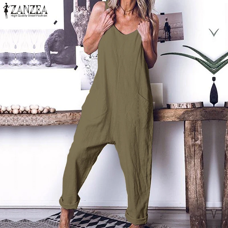 

ZANZEA Womens Jumpsuit Overalls for Women Casual Loose Combinaison Femme Solid Cotton Long Rompers Sleeveless Long Mono Mujer
