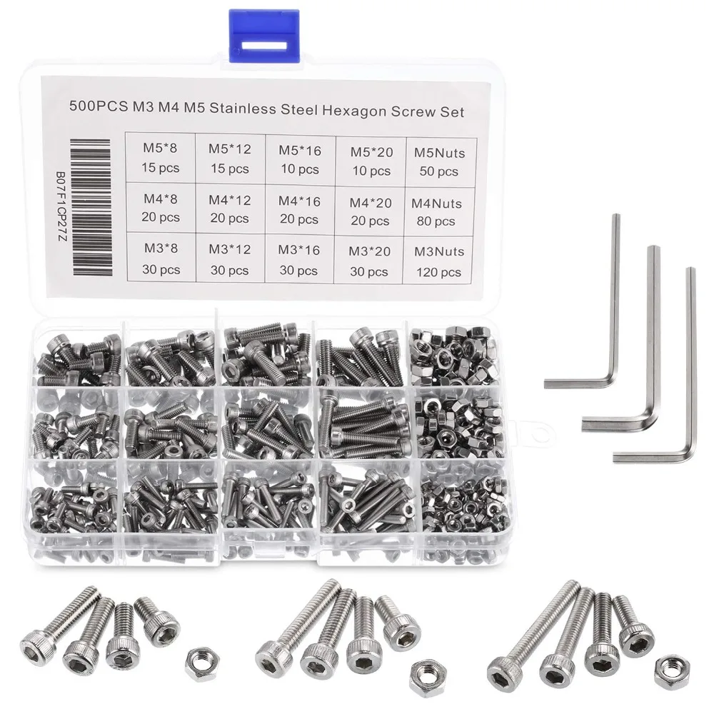 500pcs 304 Stainless Steel M3 M4 M5 Hex Socket Bolts and Nuts