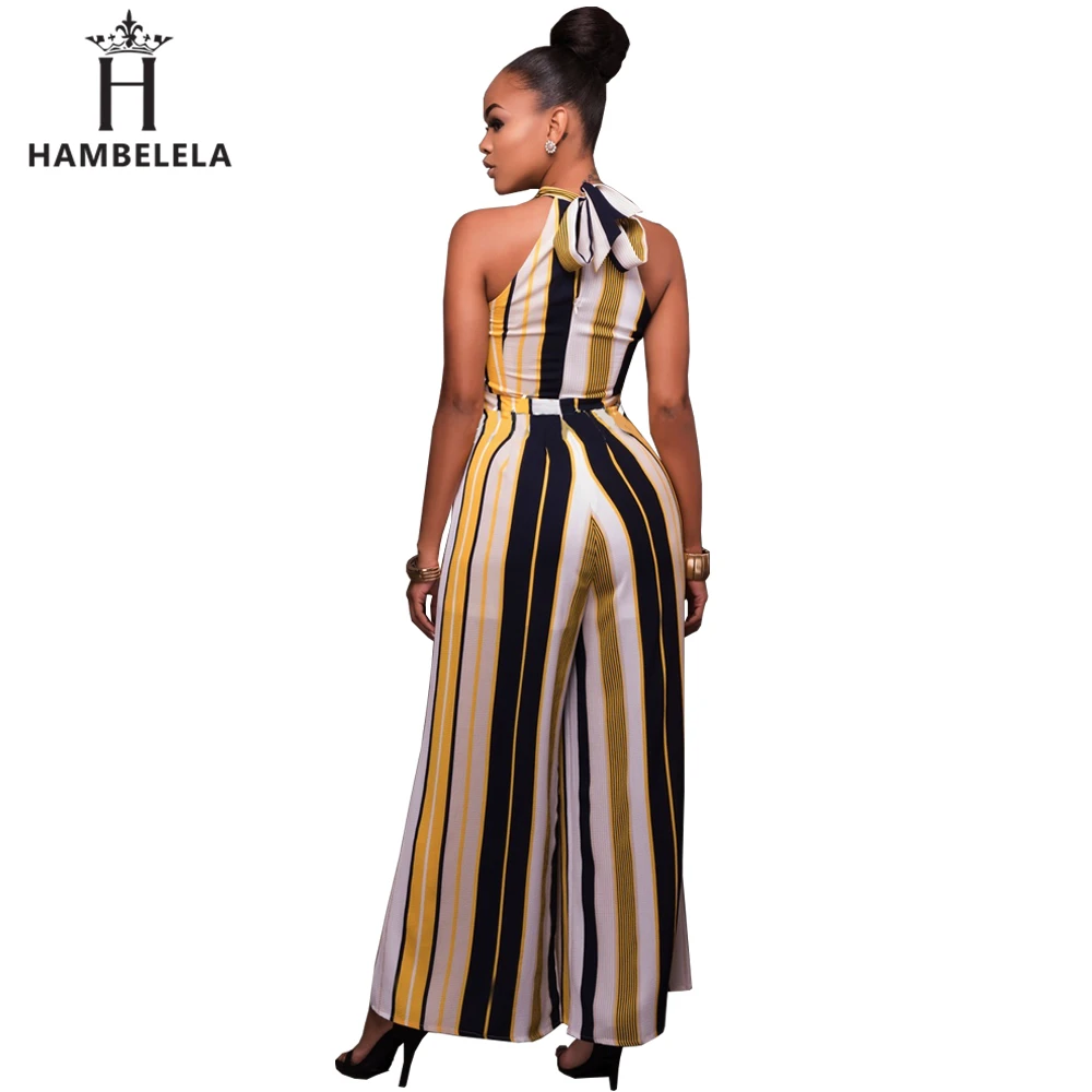 Hambelela Factory S-XXL Women Turtleneck Striped Loose Women Jumpsuit Sleeveless Top Long Wide Leg Pants Ladies Maxi Romper (4)