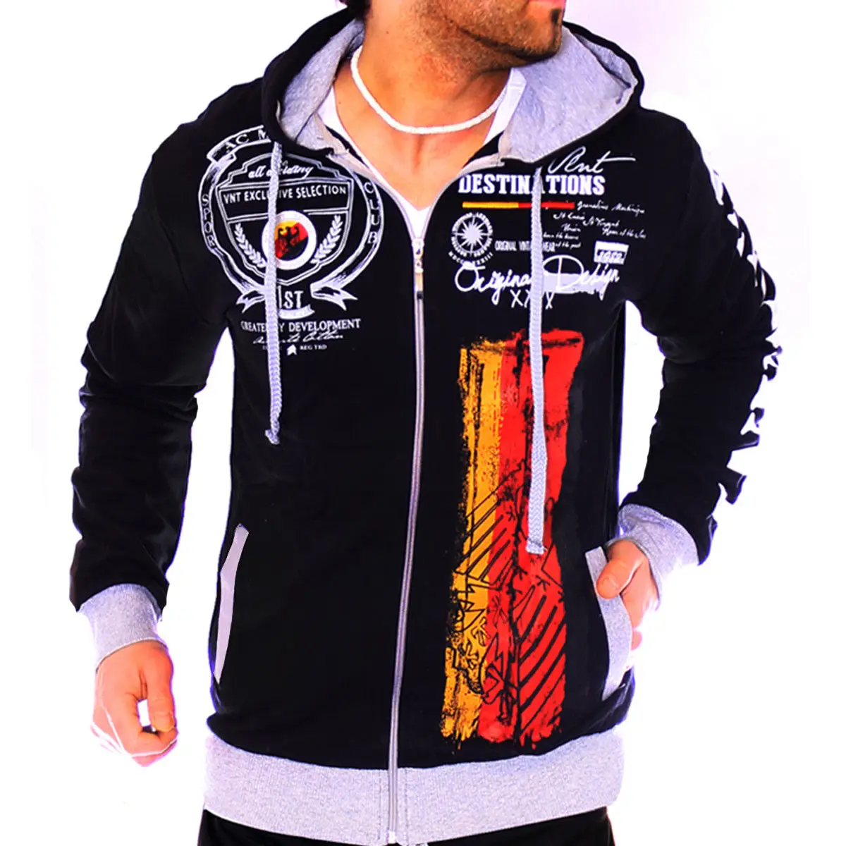 

2019 Drawstring Pants and Jackets Suit Causal Print Sportswear Zipper Round-neck with Hat Hooded Jacket 4 Colors