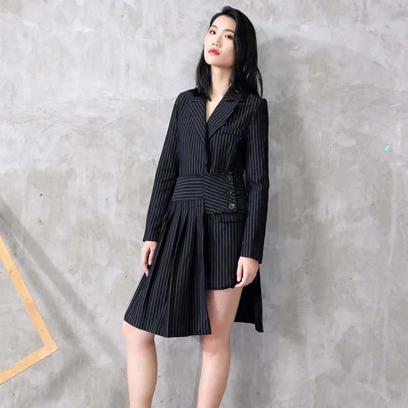 

[EAM] 2020 New Spring Lapel Long Sleeve Black Striped Loose Half-body Irregular Skirt Two Piece Suit Women Fashion JC507