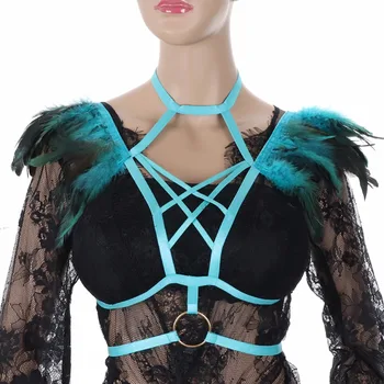 

Rave Wear Feathers Epaulette Cage Bra Womens Feathers Gothic Body Harness Belt Sexy Fetish Angel Wings Bondage Harness Lingerie