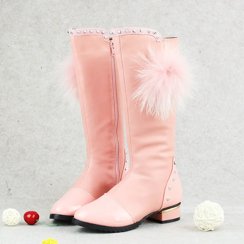 Г. Зимние Детские модные высокие сапоги зимние сапоги из искусственной кожи с мехом и заклепками для девочек Высококачественная детская зимняя обувь на низком каблуке - Цвет: Pink