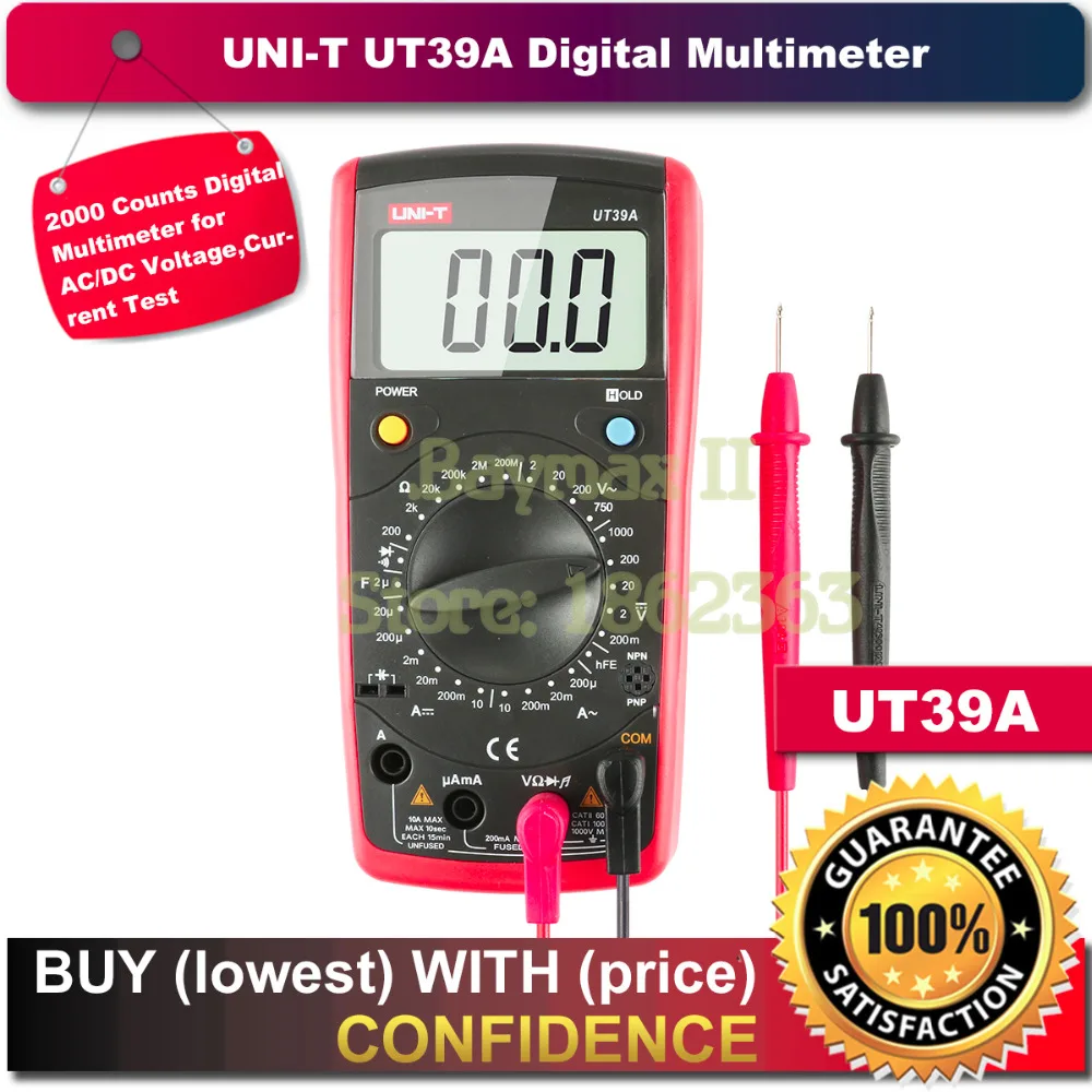 UT39A + Multímetro digital UNI-T Amperímetro CA/CC Voltímetro Capacitancia Resistencia Continuidad Frecuencia Diodos Transistores Probador