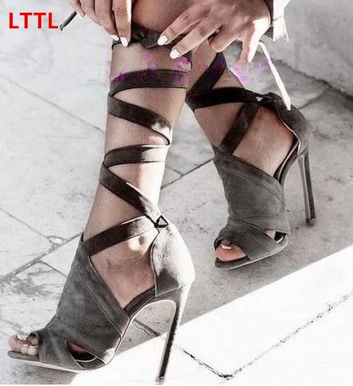 Free shipping cross-tied lace up high heels peep toe gladiator sandal grey color women summer dress sandal stiletto heel pumps