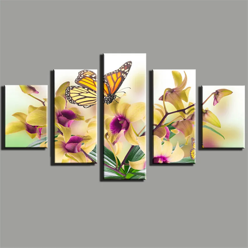 

5 Panels Butterfly Canvas Painting Picture Animals Canvas Printing Noble and Beautiful Phalaenopsis Wall Art Picture Cheap
