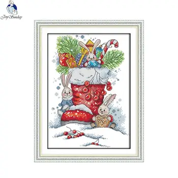 

Joy sunday The Rabbit in the Christmas Boots Counted DIY Hand Cross Stitch 11CT 14CT DMC for Embroidery NKF Home Decor