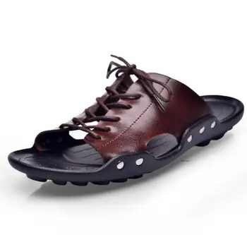 

Men Summer Casual Sandals chinelo Men Genuine Leather Slippers Rivet British Man Beach Sandals Lazy Pedal Flip Flop erkek terlik