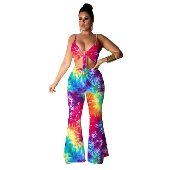 

Women Rompers Jumpsuit Backless V Neck Bodycon Clubwear Tie Dye Elegant Party Flares Tied Wrap Neon Bodysuit Salopette Femme