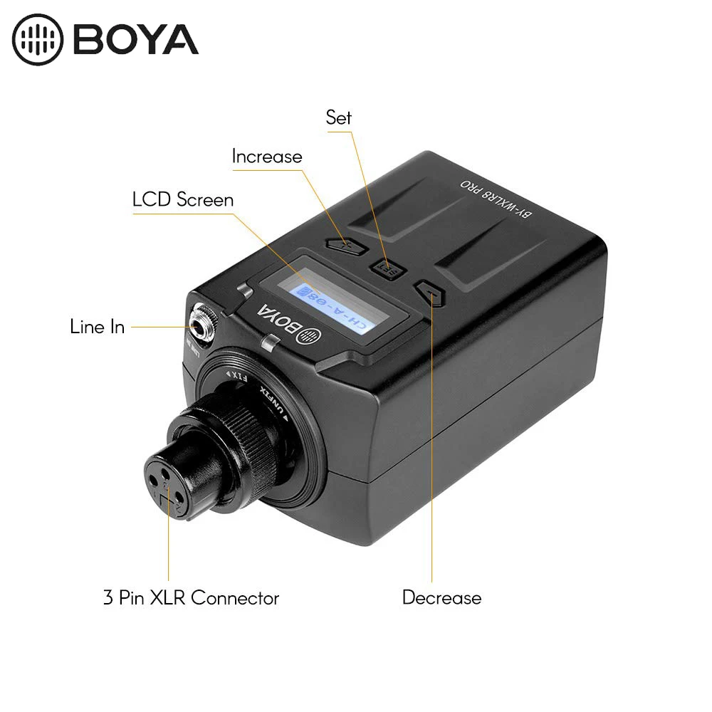 BOYA BY-WXLR8 профессиональный микрофон PLL синтезированное Управление осциллятор микрофон 48 каналов Plug-on передатчик ЖК-дисплей Дисплей XLR соединения