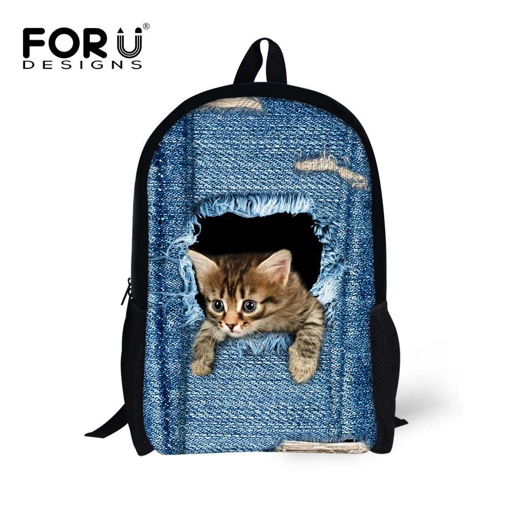 FORUDESIGNS Children font b Backpacks b font Cute 3D Animal Denim Cat font b Backpack b