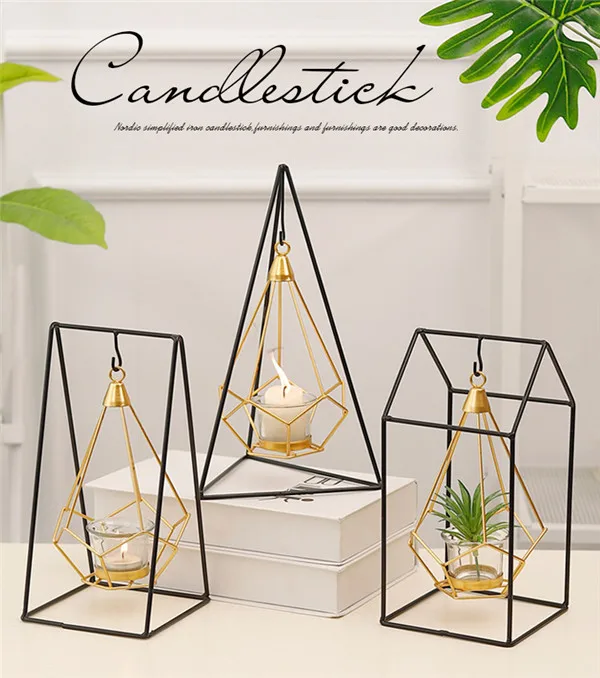 Nordic Style Gold Geometric Wrought Iron Hanging Candlestick Decoration Home Craft Candle Holders Table Ornament Props | Дом и сад