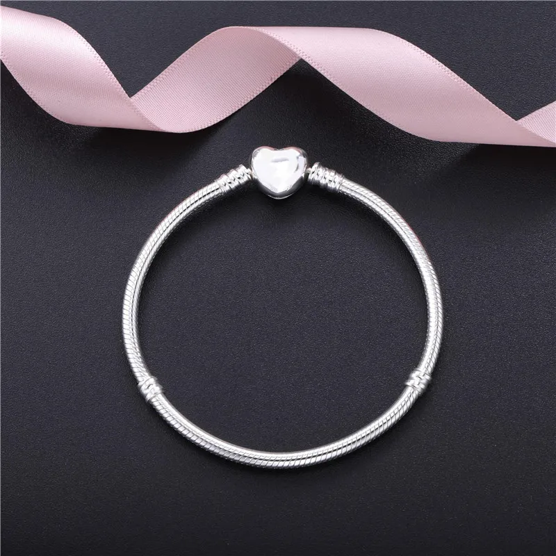 

100% 925 Sterling Silver Bead Charm Snake Chain Fit Original Pandora Bracelet with Heart-shaped Clasp for Women DIY Jewelry Gift
