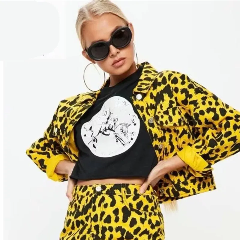 

2018 Vintage Blue Yellow Red Leopard Jacket Women Turn-down Collar Long Sleeve Short Coat