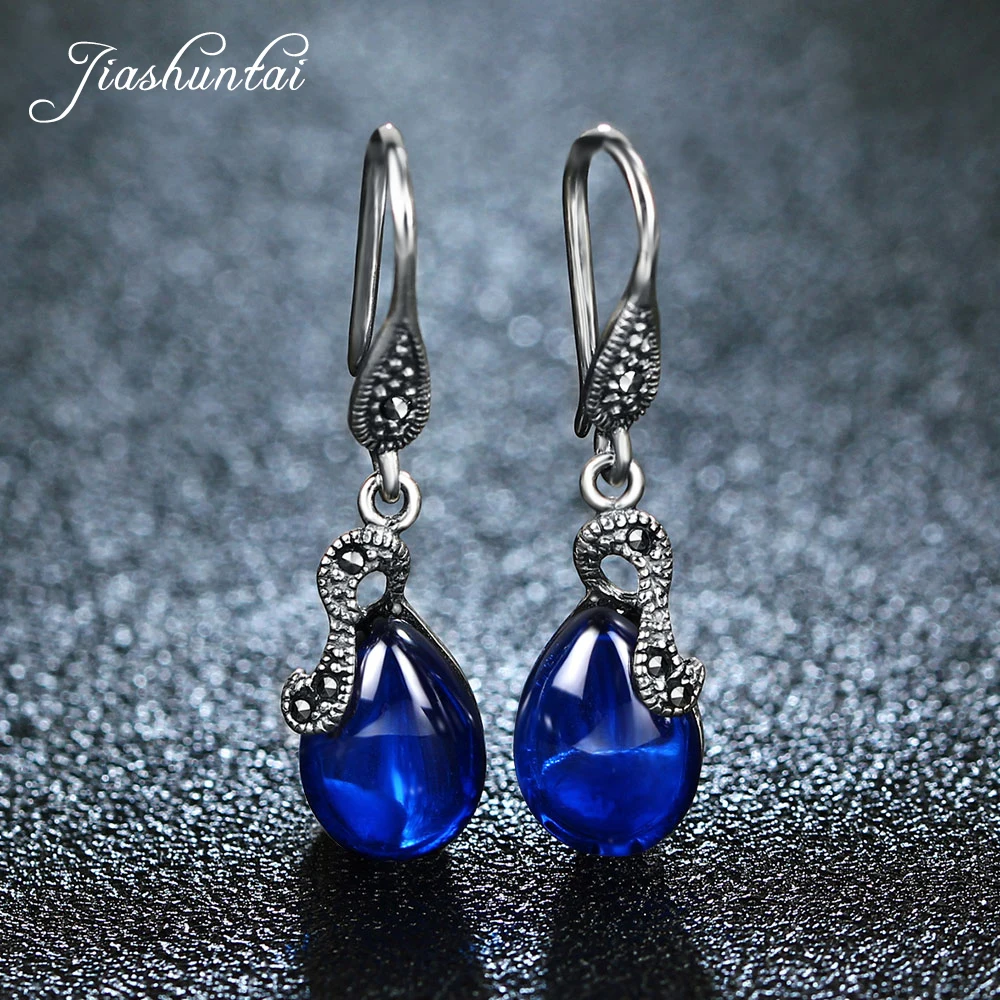 JIASHUNTAI Retro 100% 925 Sterling Silver Drop Earrings For Women Natural Precious Stones Vintage Thai Silver Earring Jewelry