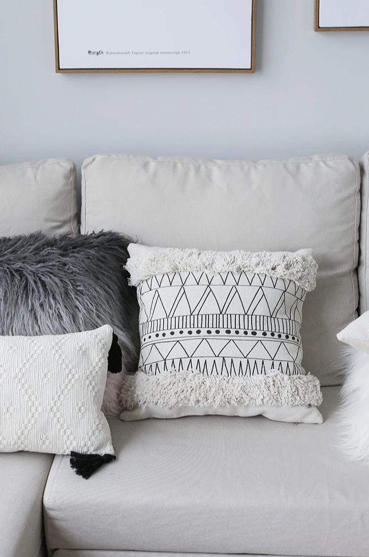 45x45 см cojines decorativos para sofa Morocco Геометрическая черно-белая ворсистая наволочка с кисточкой Рождественский чехол для подушки